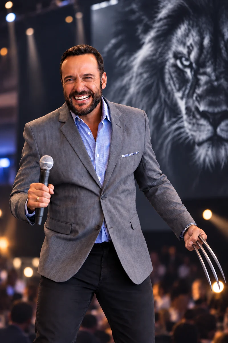 Palestrante Motivacional Nando Pinheiro com microfone e leão no telão