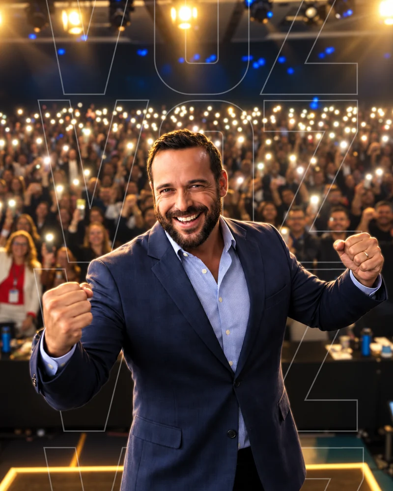 Palestrante Motivacional Nando Pinheiro diante de uma plateia com celulares acesos